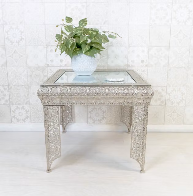 Downton Interiors Agadir Collection Silver Embossed Metal and Mirrored Glass Square Side Table