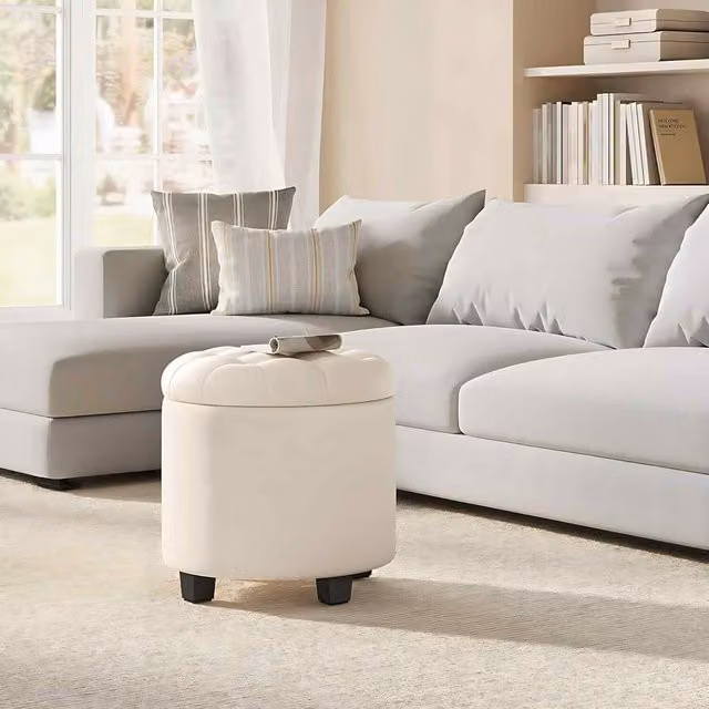 The Bazaarist Round Cylindrical Ottoman Storage Stool in Light Beige with Lift Up Base