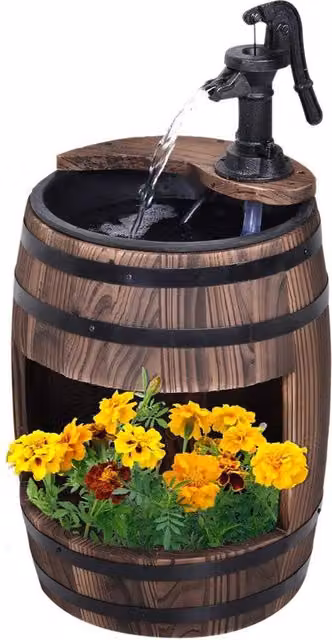 Kelvenix Barrel Pump Garden Fountain Water Feature and Flower Planter Stand in Brown, W/D/H: 59.0 x 27.0 x 23.0 cm