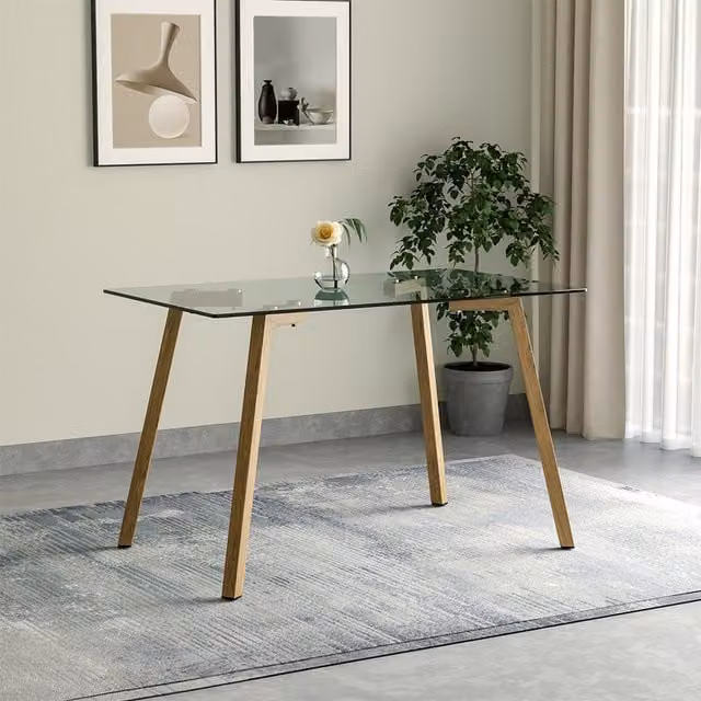 Livingandhome Brown Rectangular Tempered Glass Dining Table with Iron Legs W/D/H: 120 x 70 x 70 cm