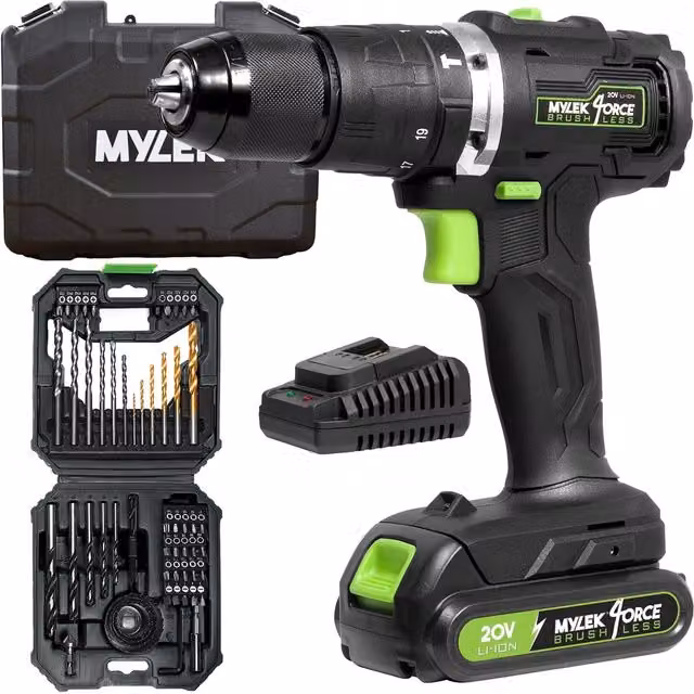 MYLEK 20V Cordless Brushless Impact Hammer Drill with 56 Piece Accessory Kit in Black – 1
