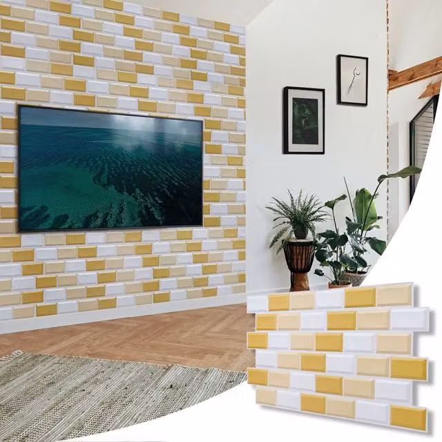 NOVECRAFTO 3D PVC Wall Panels in White and Gold Subway Tile Pattern, W: 96 cm, H: 48 cm, Pack of 10