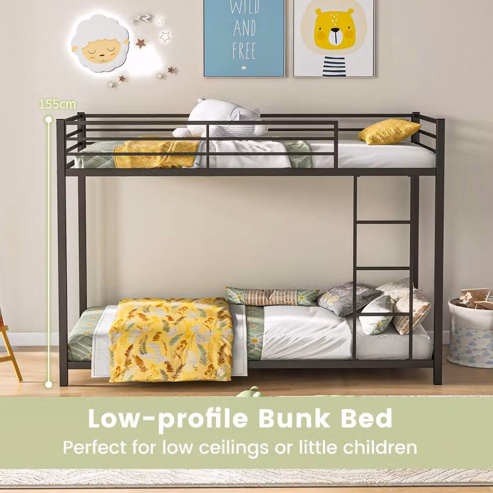 Costway Single Metal Bunk Bed Frame with Ladder and Full-length Guardrails in Black, 90 x 190 cm – 5