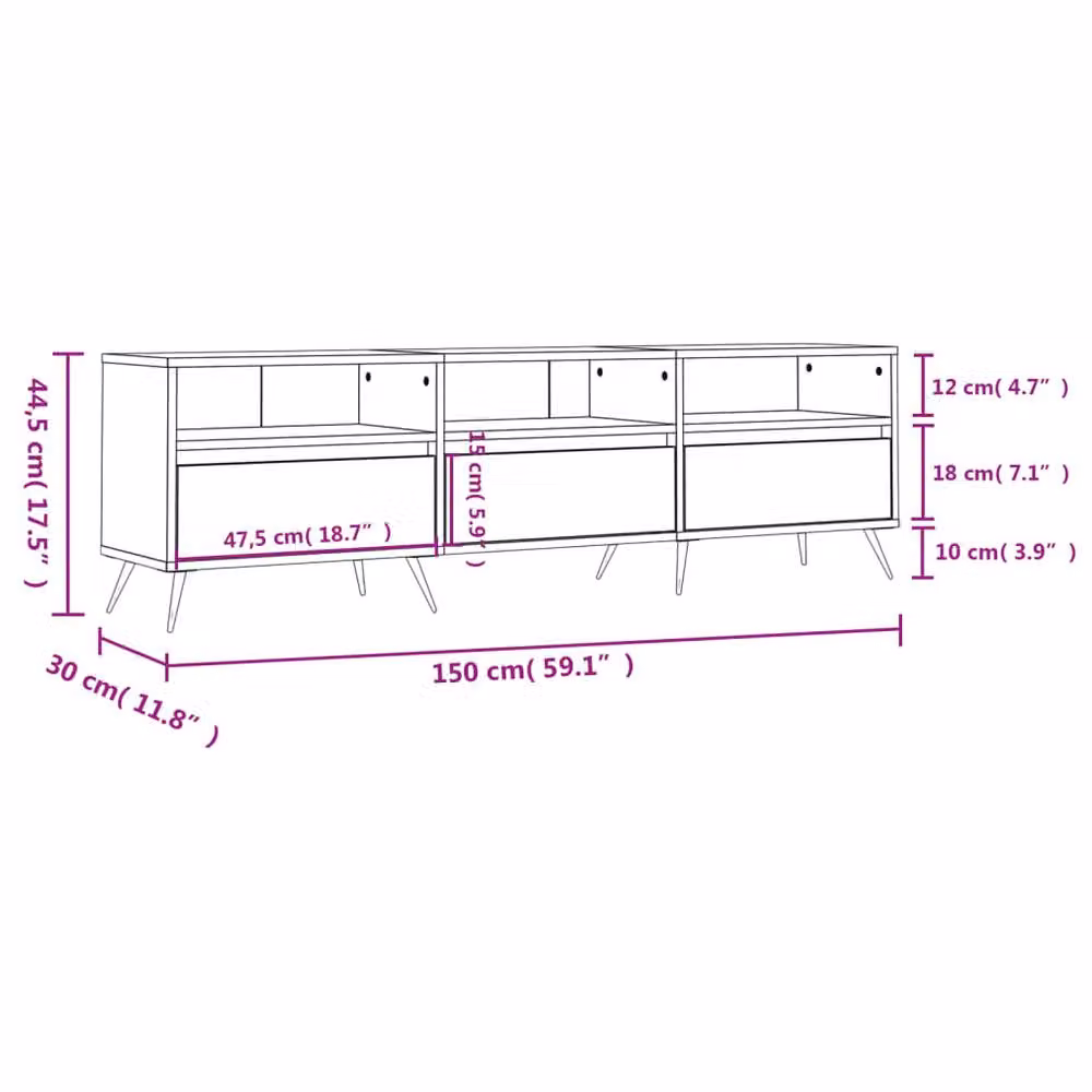 Berkfield Home TV Cabinet in Grey Sonoma, W/D/H: 150 x 30 x 44.5 cm – 3
