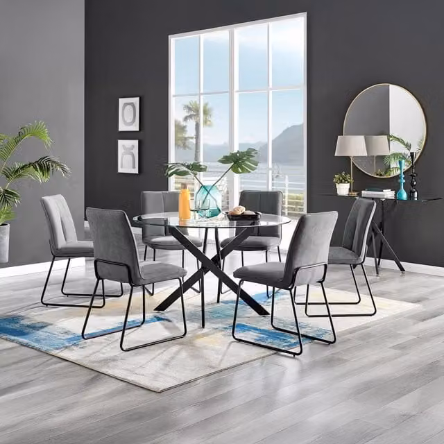 FurnitureboxUK Novara Round Glass Dining Table with 6 Halle Chairs in Black and Dark Grey