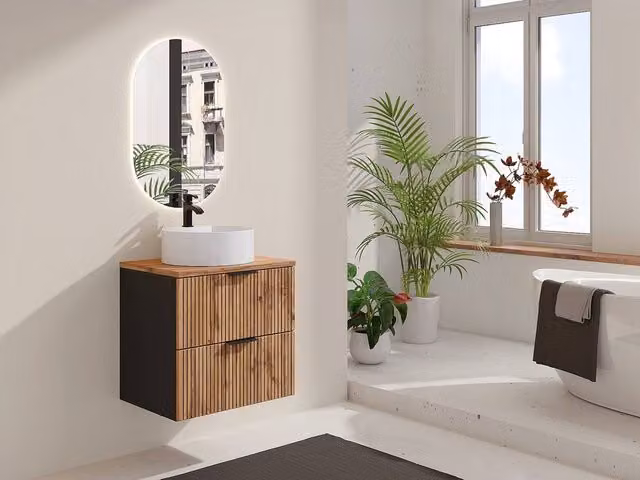 Vente-unique Striped Wall-Mounted Bathroom Vanity Unit with Round Ceramic Basin in Black, Light Oak and White, W/D/H: 60 x 46 x 57 cm – 1