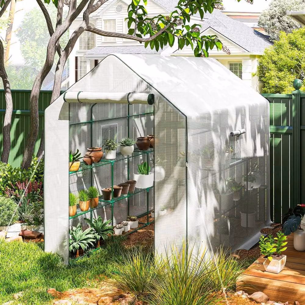NESTLUNE White Walk-in Outdoor Greenhouse with Metal Frame, Mesh Windows and Shelving, H: 213 cm x W: 140 cm x D: 100 cm – 2