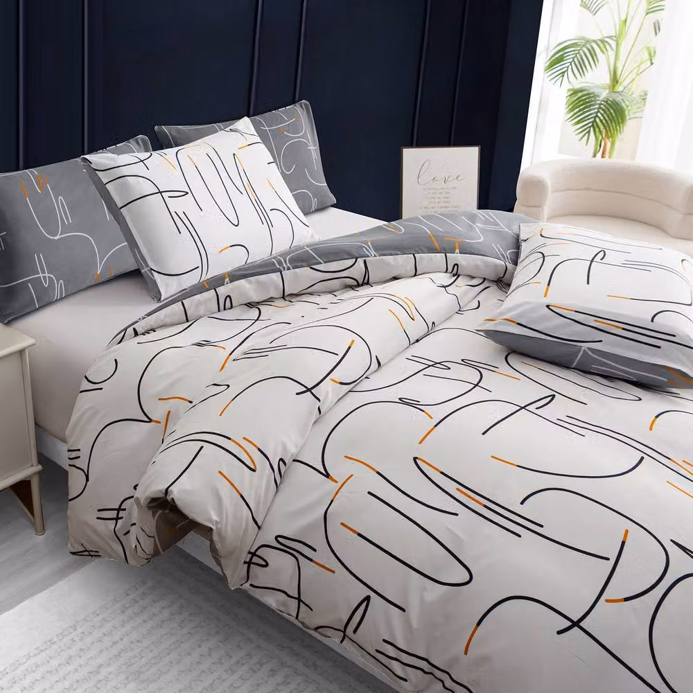 Pamposh Reversible Hypoallergenic Microfibre Duvet Cover and Pillowcase Set in Grey, White and Orange, W: 200 cm x L: 200 cm – 5