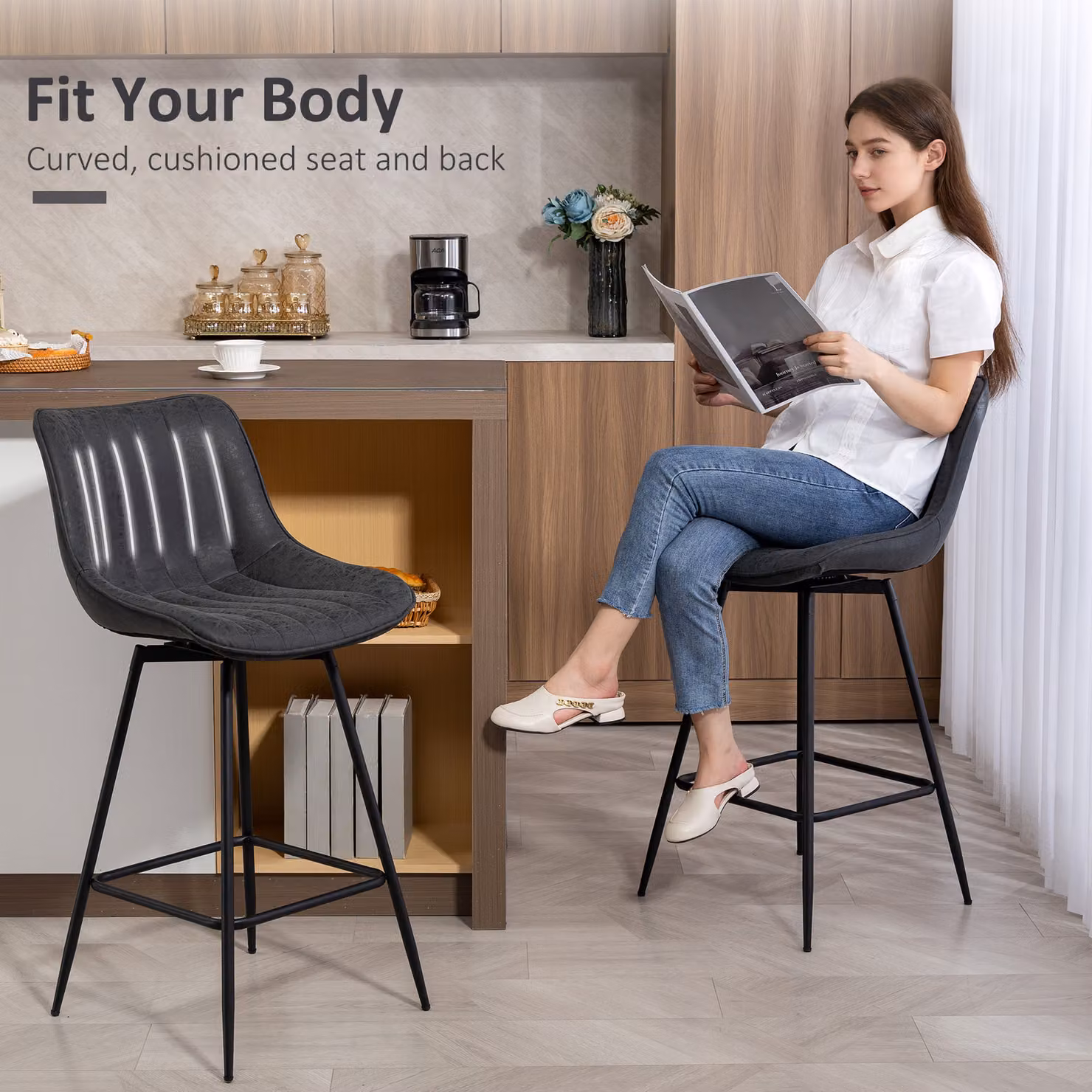 HOMCOM Set of 2 Black PU Leather Swivel Bar Stools – 6
