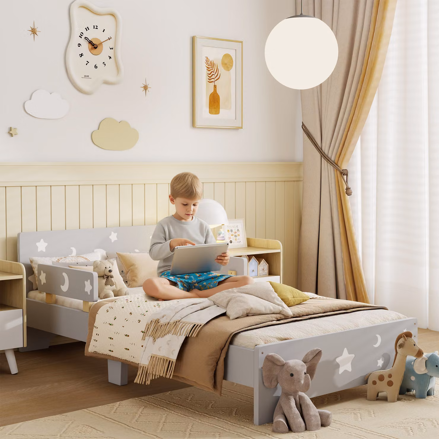 ZONEKIZ Kids Toddler Bed with Star and Moon Patterns in Grey, W/D/H: 143 x 76 x 49 cm – 2