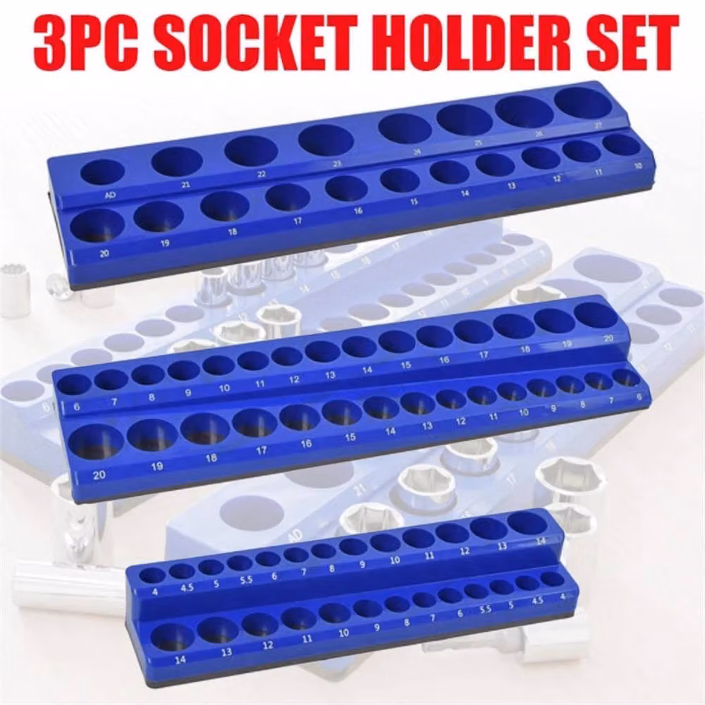 VOGREX 3-Piece Metric Magnetic Socket Organizer Tray Set, 1/4, 3/8 and 1/2 Drive Holder in Blue Steel – 2