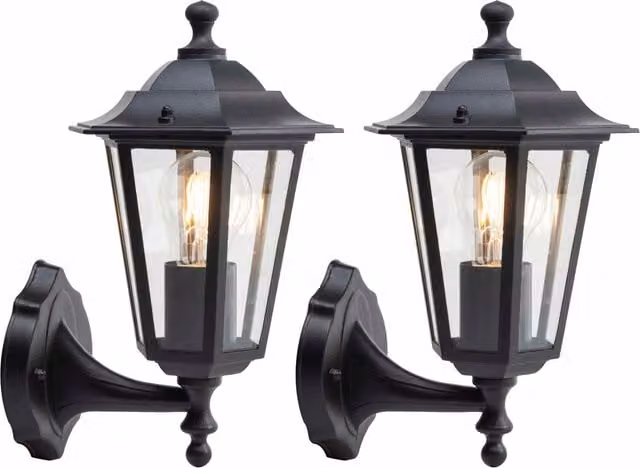 First Choice Lighting Eversham Set of 2 Outdoor Wall Lanterns in Matt Black and Transparent Glass