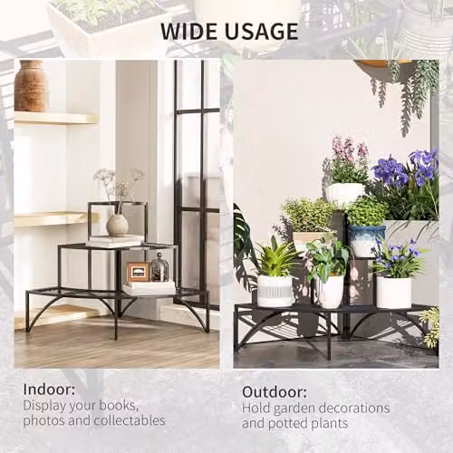 Outsunny 3 Tier Metal Corner Plant Stand, Black, W/D/H: 60 x 60 x 60 cm – 5