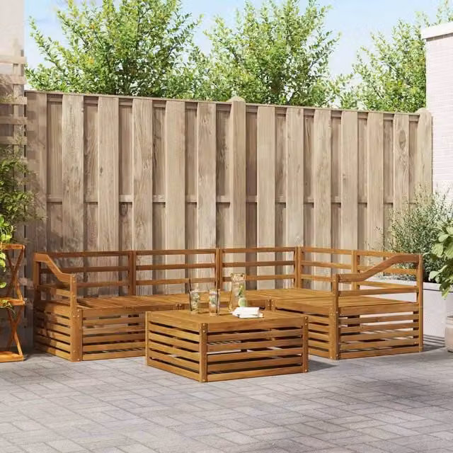 Berkfield Home 5-Piece L-Shape Outdoor Sofa Set in Brown Solid Acacia Wood – 1