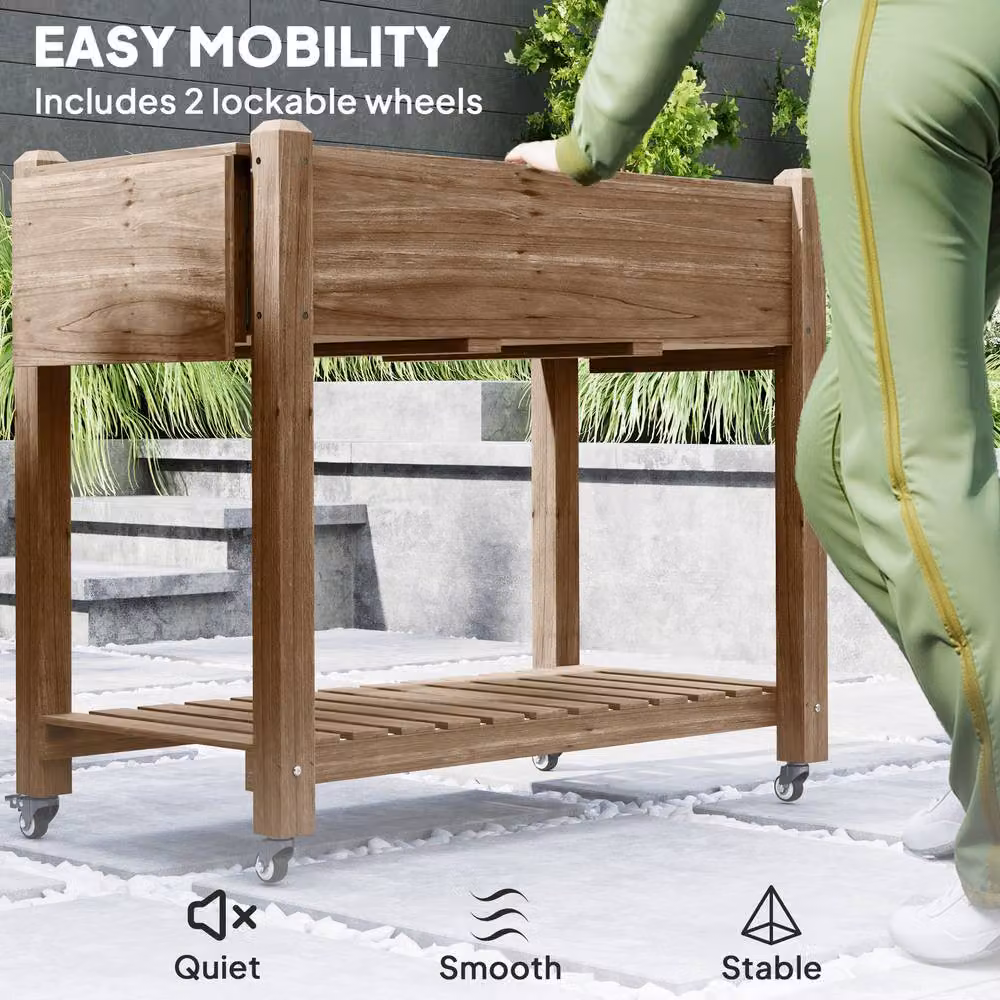 STILVORA Brown Lacquered Wooden Raised Planter with Shelves and Wheels, H 86 x W 52 x D 46 cm – 6