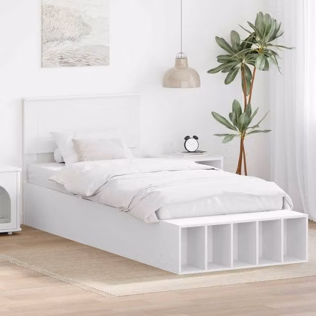 Berkfield Home White Engineered Wood Bed Frame with Bedside Shelf, W: 75 cm x L: 190 cm
