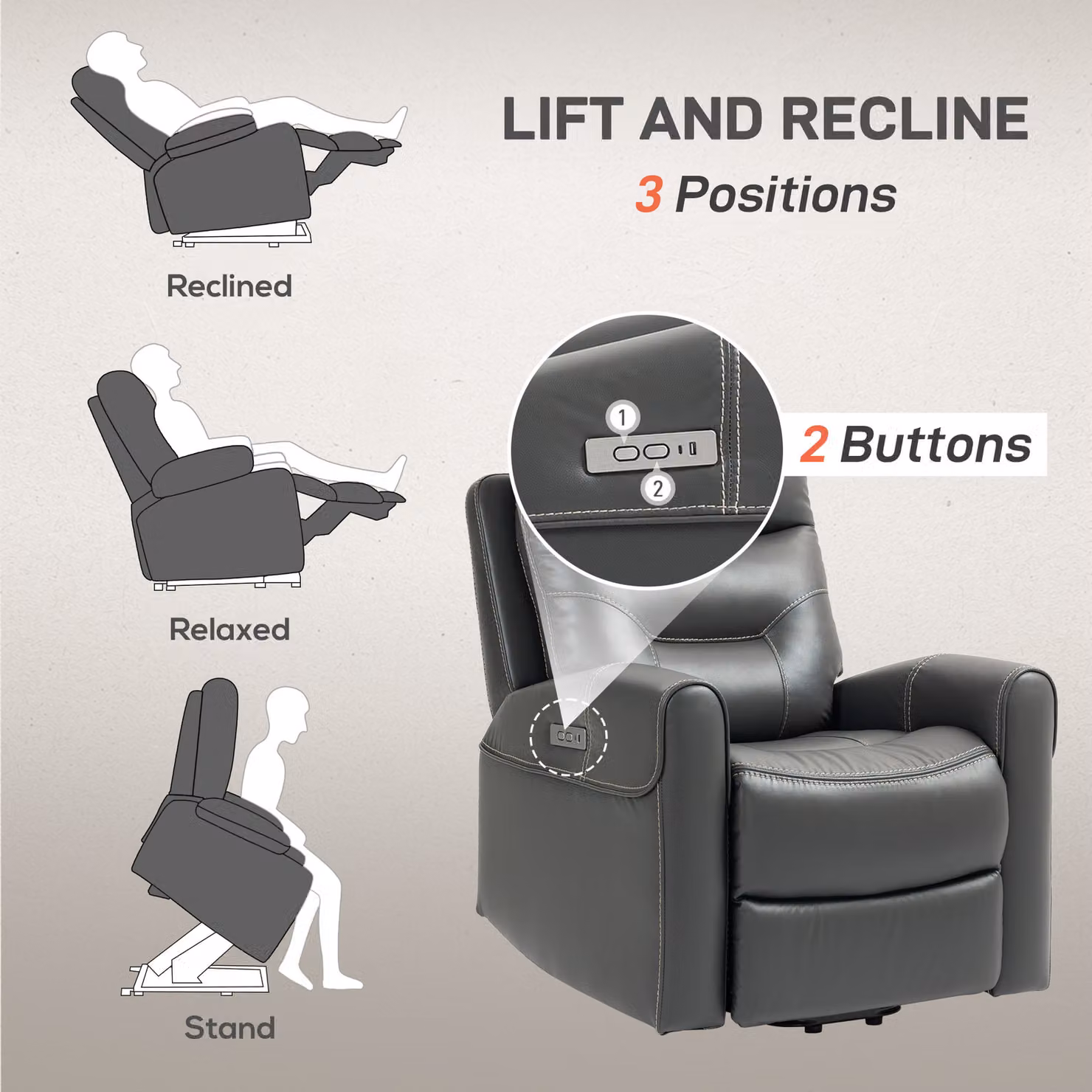 HOMCOM Power Lift Recliner Chair for Seniors in Charcoal Grey with USB Ports and Remote Control – 4