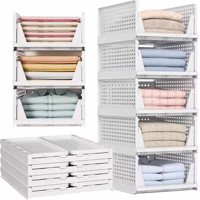 ATEK 5 Pack Foldable and Stackable Wardrobe Storage Organisers in White