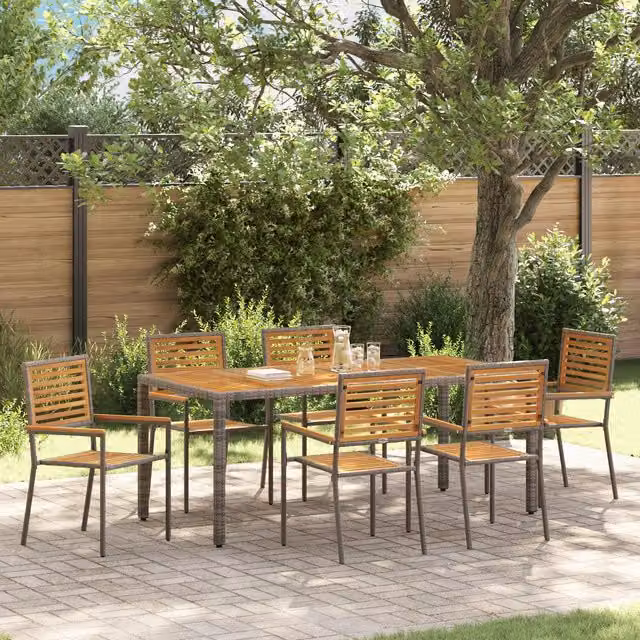 Berkfield Home 7 Piece Grey Poly Rattan and Acacia Wood Garden Dining Set