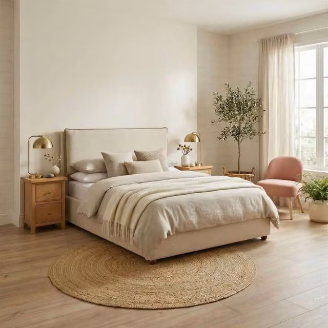 FurnitureboxUK Tilly Cream and Beige Upholstered Fabric Ottoman Bed Frame with Lift Up Base, W: 140 cm, L: 200 cm