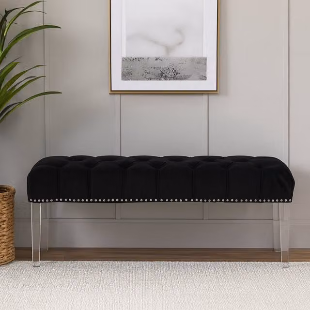 Orsina Modern Black Velvet Upholstered Bench with Transparent Legs
