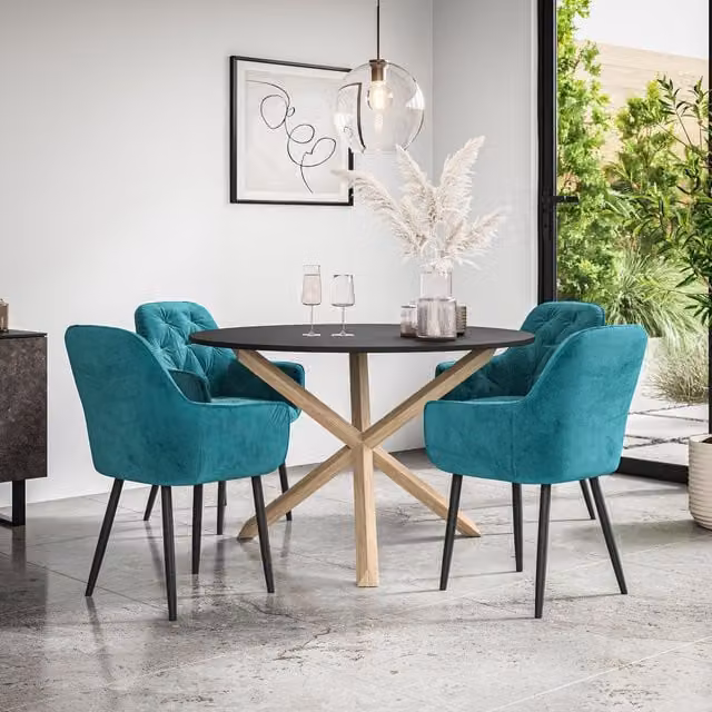 More4Homes Malvern Round Dining Table and Anika Blue Velvet Dining Chair Set, Black Table Top with Solid Oak Legs, Diameter: 120 cm, Height: 75 cm