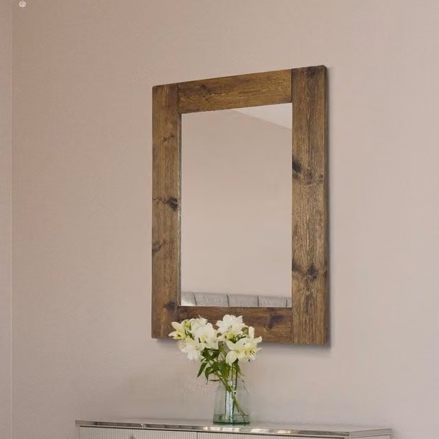 MirrorOutlet Farmhouse Large Rectangular Dress Mirror in Dark Natural Wood, Brown, W: 88 cm, H: 118 cm