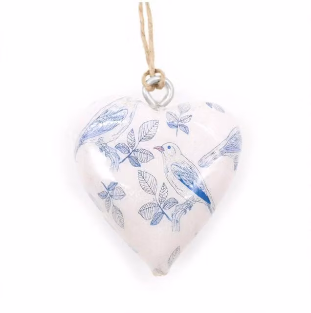 KDMD Blue Bird Wooden Heart Hanging Decor in White and Blue Shabby Chic Style