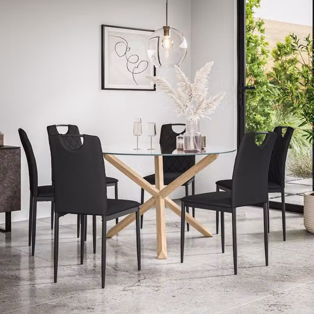More4Homes Malvern Round Dining Table and 6 Monza Faux Leather Chairs Set, Clear Glass Top with Solid Oak Legs, Black