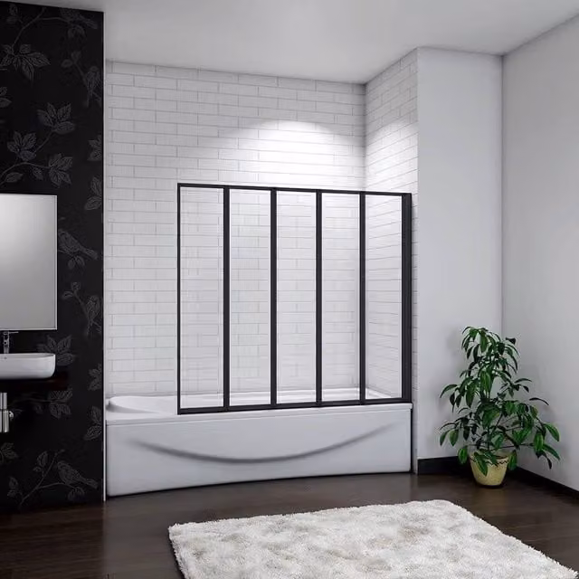 NESTLUNE 5 Fold Pivot Shower Bath Screen Panel with Black Frame and Clear Glass, W: 120 cm, H: 140 cm