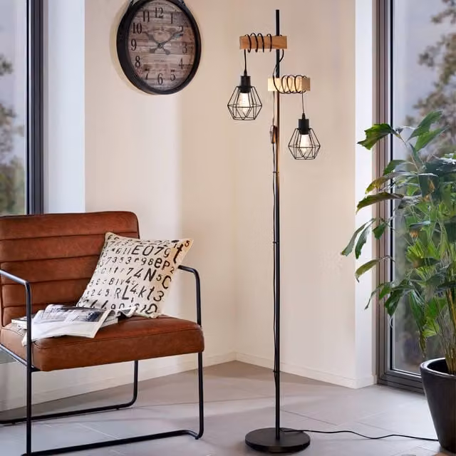 Eglo Townshend 5 Caged Floor Lamp in Black and Wood