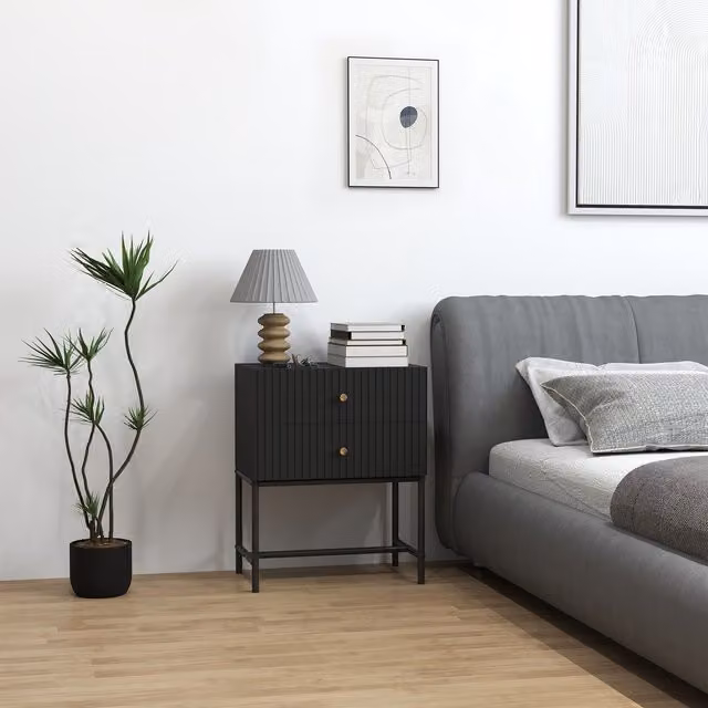 HOMCOM Modern Black Bedside Table with 2 Drawers and Gold Metal Legs