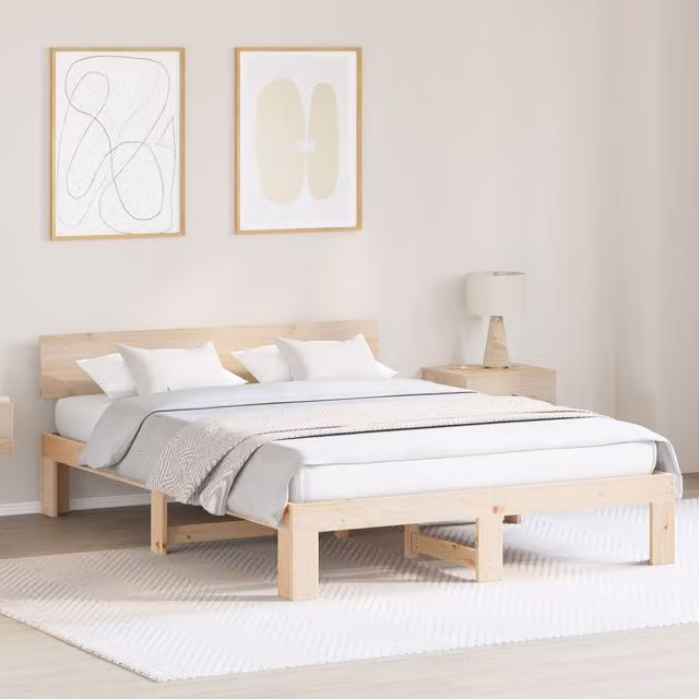 Berkfield Home Solid Pine Wood Bed Frame with Headboard, Beige, W: 160 cm, L: 200 cm