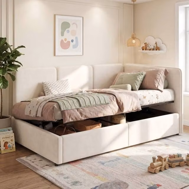 BTM Single Ottoman Daybed with Lift Up Storage, Beige Velvet Upholstered Chaise Bed Frame, W/D/H: 190 x 90 x 76.5 cm – 1