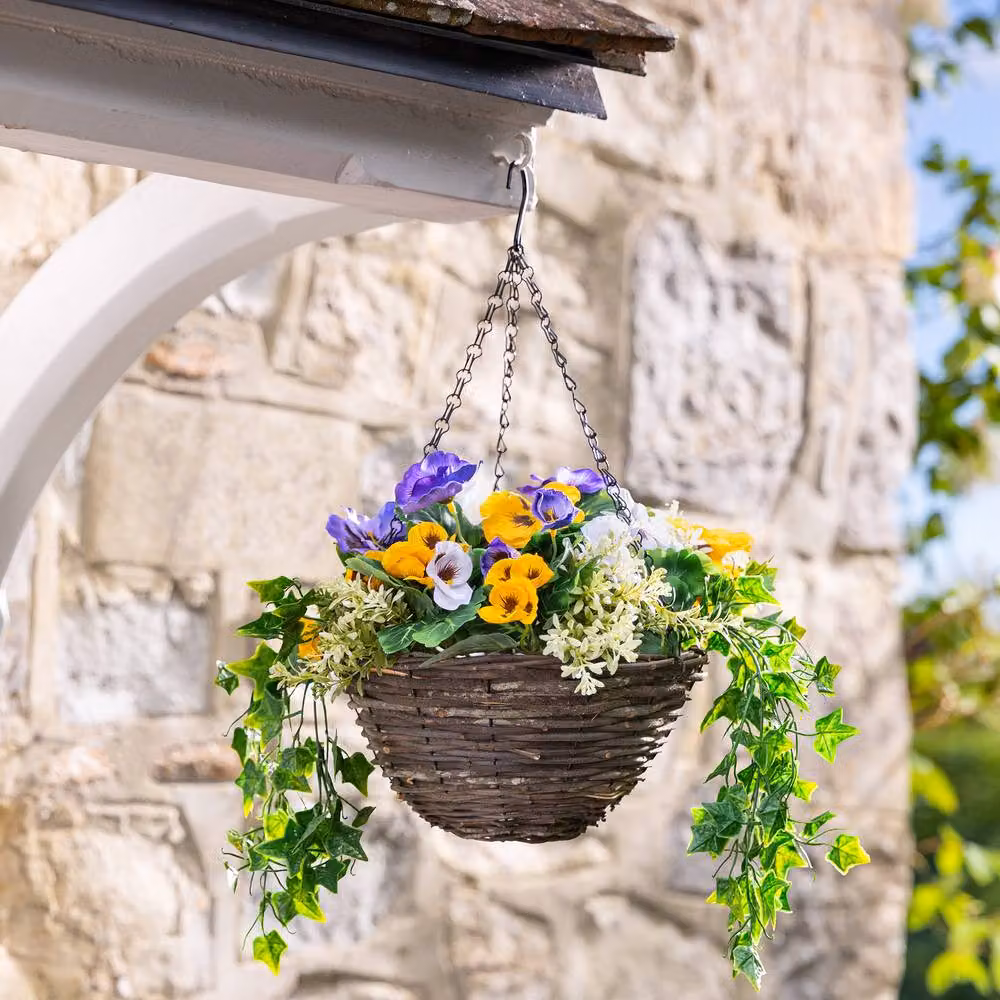 Christow Artificial Yellow Pansy Wicker Hanging Basket with UV Resistant Foliage, Diameter: 25 cm – 5