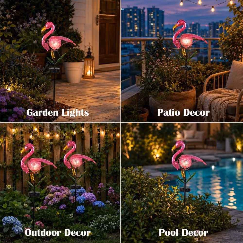 Bright Zeal Pink Solar Metal Flamingo Garden Stake Light with Dusk Sensor – 7