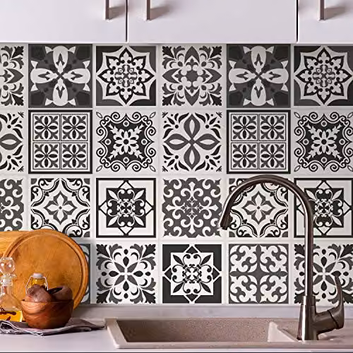 WALPLUS 24 Pcs Mediterranean Dark Grey Geometric Tile Stickers, Self-Adhesive Peel and Stick Vinyl Wall Decals, 15 cm x 15 cm – 1