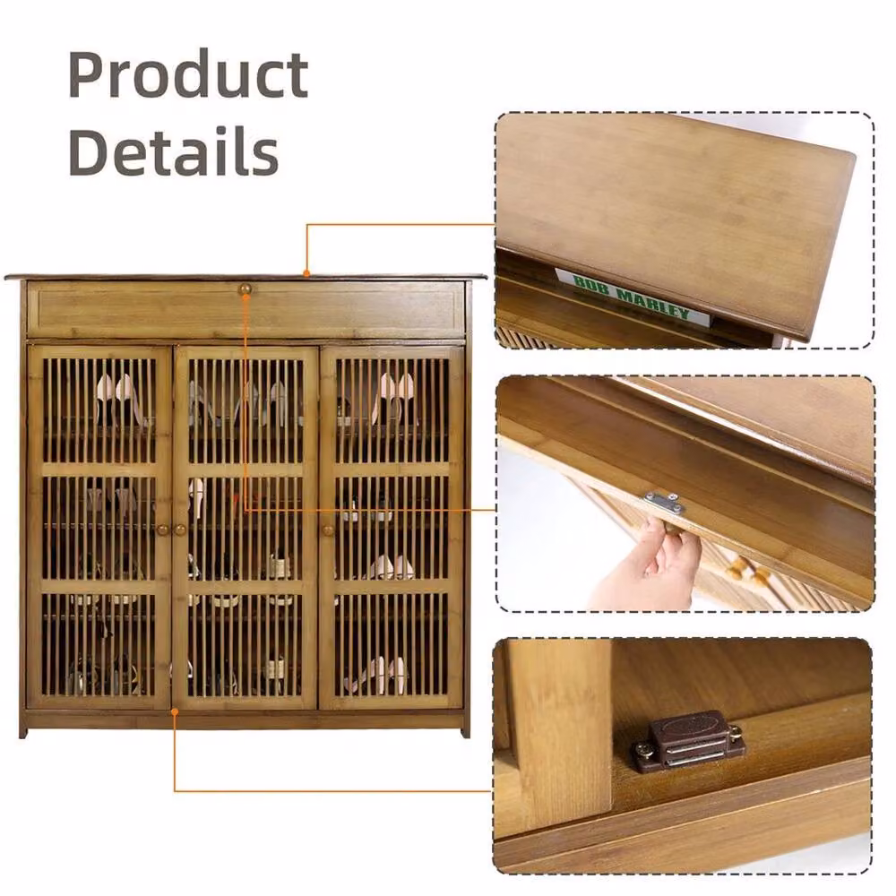 Kelvenix Tall Wooden Shoe Rack with Hinged Doors and Internal Shelves in Brown – 4