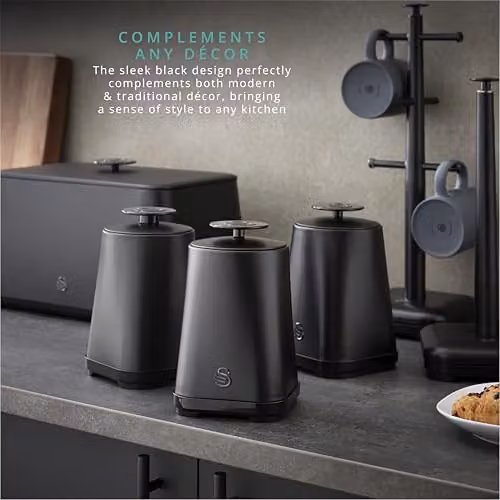 Swan Stealth Set of 3 Airtight Metal Storage Canisters in Black, 1.3 l – 3