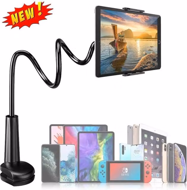 FLAVORA 360 Gooseneck Phone Clamp Stand Bed Clip Flexible Long Arm Bracket in Black