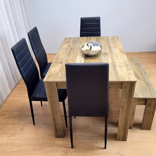 KOSY KOALA Rustic Wooden Dining Table Set for 6 with 4 Black Leather Chairs and 1 Bench in Brown and Black – 5