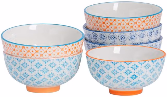 Nicola Spring Hand-Printed Ceramic Rice Bowls, Pack of 6, White and Multicolour, Diameter: 12 cm