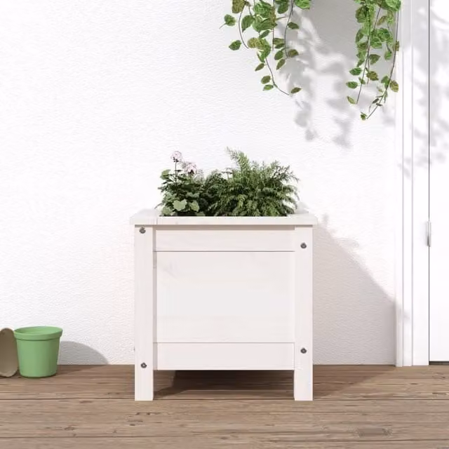 Berkfield Home White Solid Wood Pine Garden Planter Tub W: 40 cm, D: 40 cm, H: 39 cm