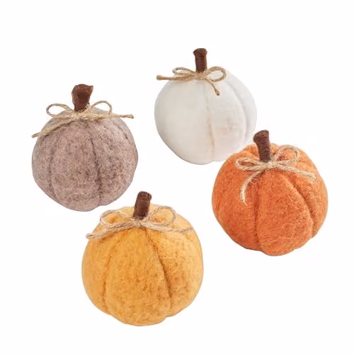 Lights4fun Set of 4 Mini Felt Pumpkin Tabletop Decorations in Orange, White and Brown – 3