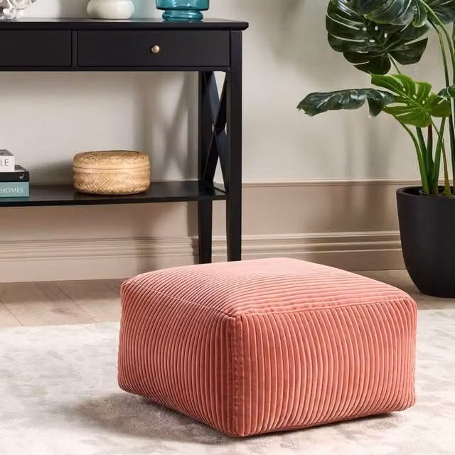 Wyld and Coco Light Red Corduroy Pouffe Footstool, W/D/H: 50 x 50 x 30 cm