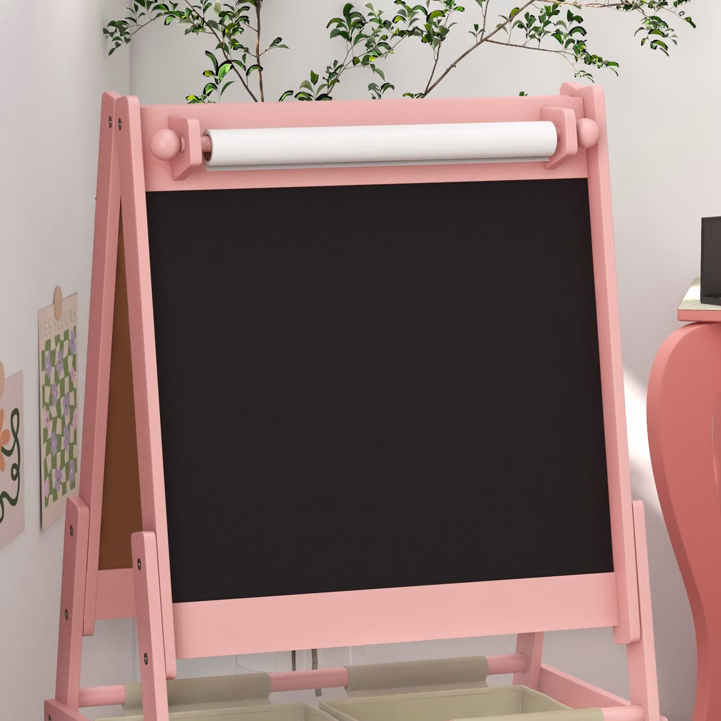 AIYAPLAY 3-in-1 Kids Easel with Paper Roll, Magnetic Whiteboard and Chalkboard in Pink – 6