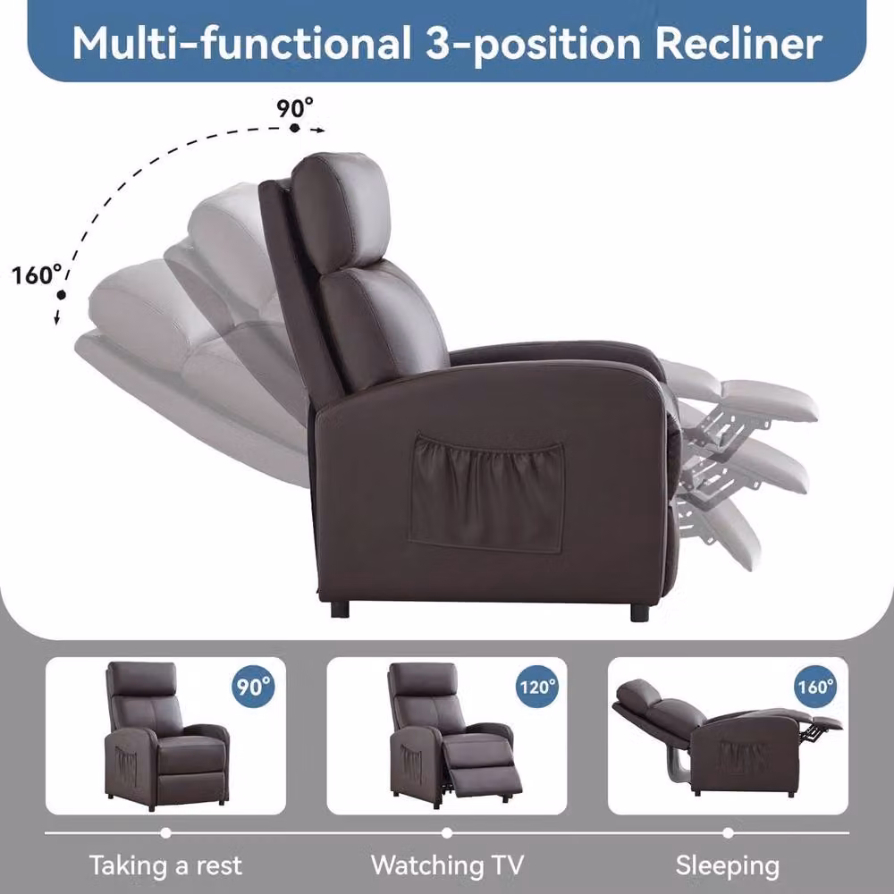 PAWNORA Brown PU Leather Push Back Recliner Chair with Lumbar Support and Armrests – 5