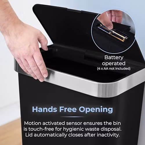 Tower Rectangular ABS Sensor Bin with Bin Liner Retainer Ring, 50L, Black, W/D/H: 38.0 x 26.0 x 63.5 cm – 3
