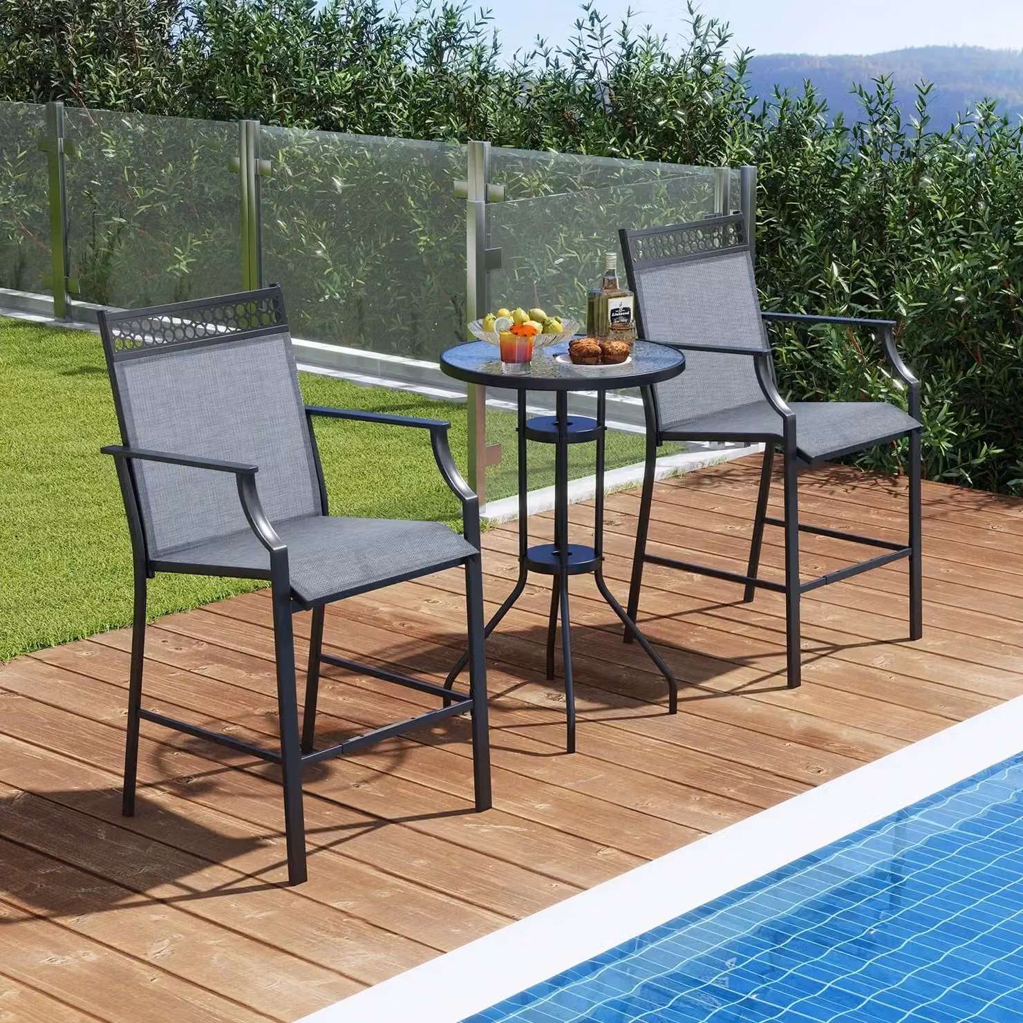 Costway Set of 2 Blue Metal Outdoor Patio Counter Height Chairs with Footrest – 3