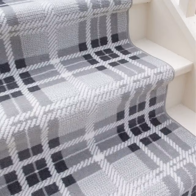 The Rug House Grey Tartan Cut To Measure Stair Carpet Runner, Width: 70 cm, Length: 792 cm